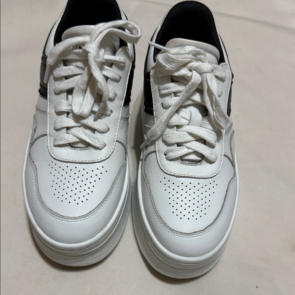 CELINE Block Wedge Calfskin Optic White / Black Sneakers - Picture 2 of 10